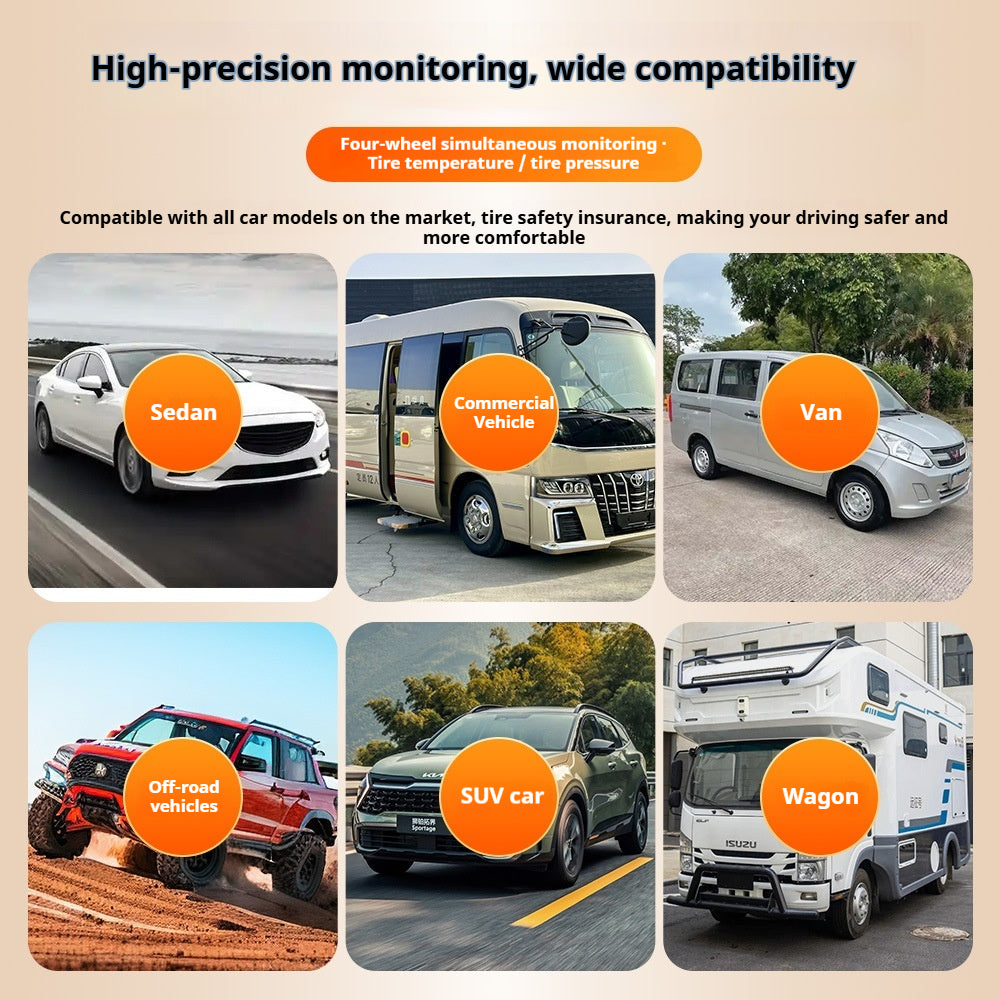 Solar Car Tire Pressure Monitoring System - Wireless TPMS with 4 External Sensors & LCD Display