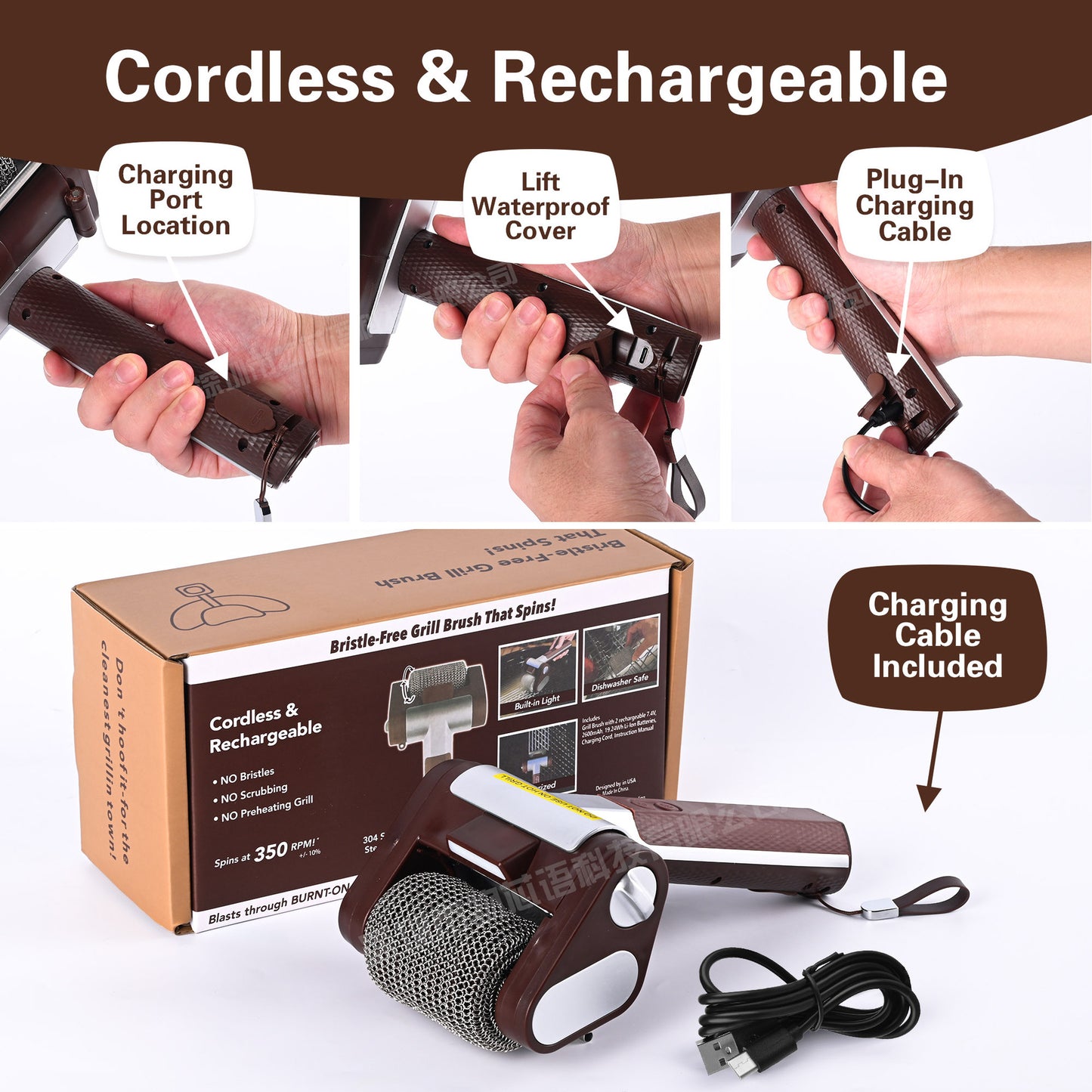 Electric Grill Cleaner - Cordless Rechargeable BBQ Brush with LED Light & Stainless Steel Roller