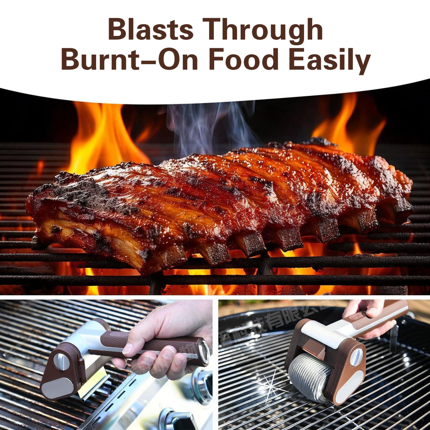 Electric Grill Cleaner - Cordless Rechargeable BBQ Brush with LED Light & Stainless Steel Roller