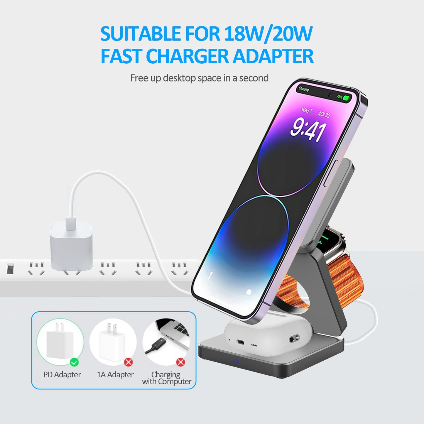 3-in-1 Foldable Magnetic Wireless Charging Station for iPhone Apple Watch & AirPods