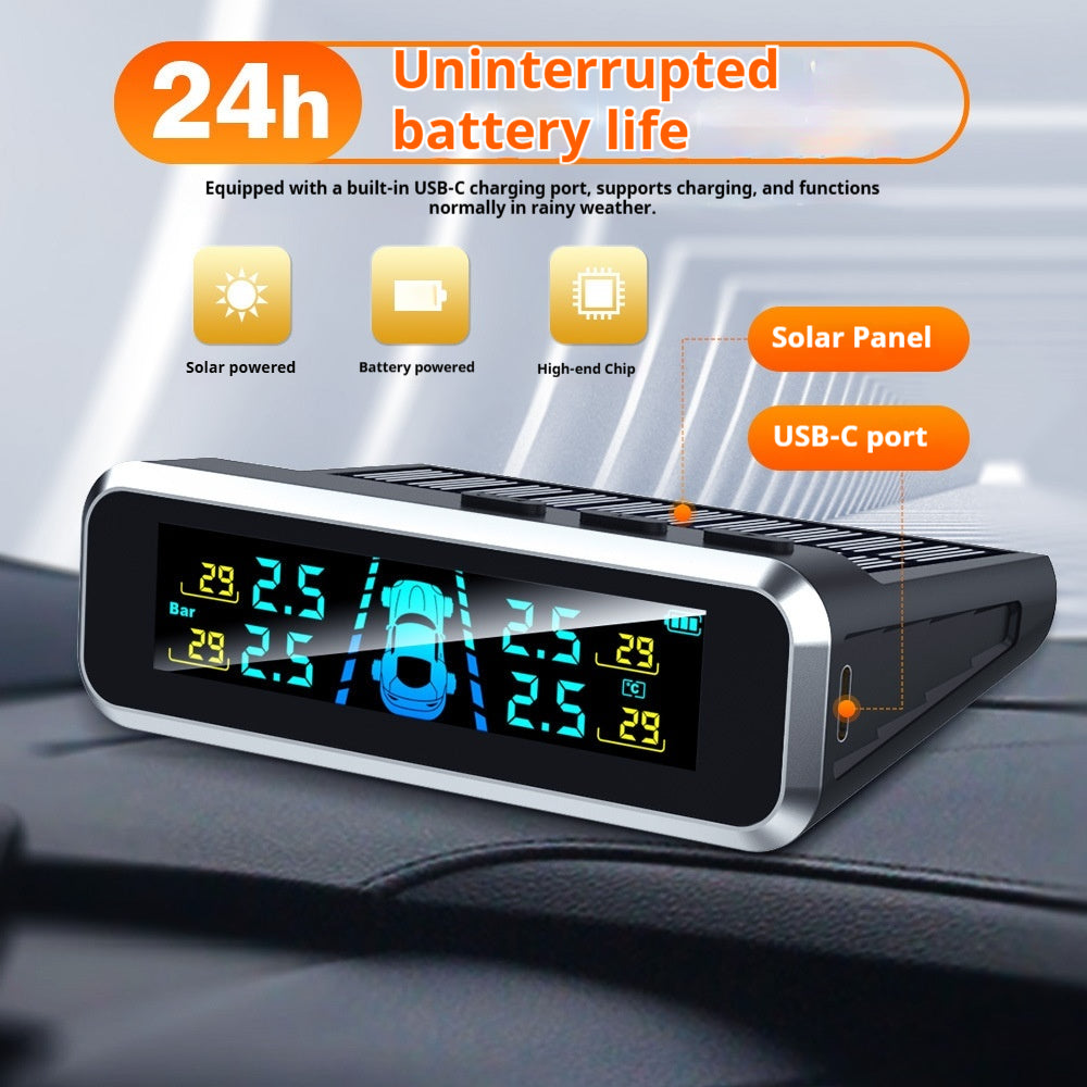 Solar Car Tire Pressure Monitoring System - Wireless TPMS with 4 External Sensors & LCD Display