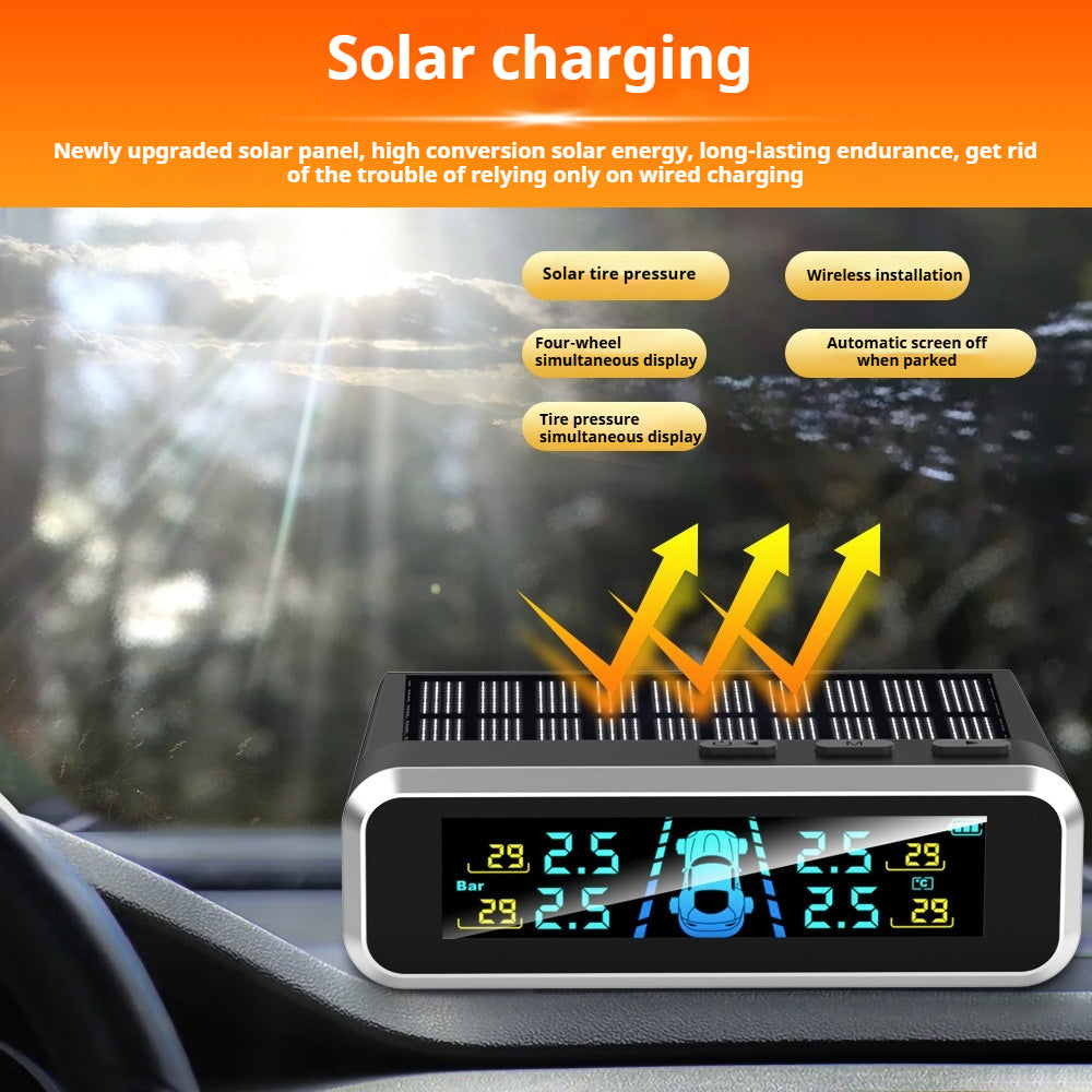 Solar Car Tire Pressure Monitoring System - Wireless TPMS with 4 External Sensors & LCD Display