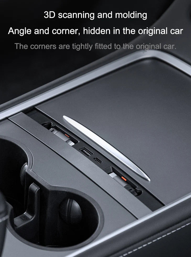 Multi-Port Center Console USB Hub Docking Station with Retractable Cables for Tesla Model 3 & Y (2021-2024)