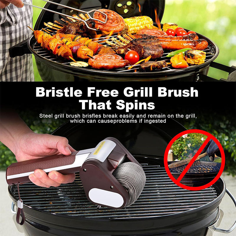 Electric Grill Cleaner - Cordless Rechargeable BBQ Brush with LED Light & Stainless Steel Roller