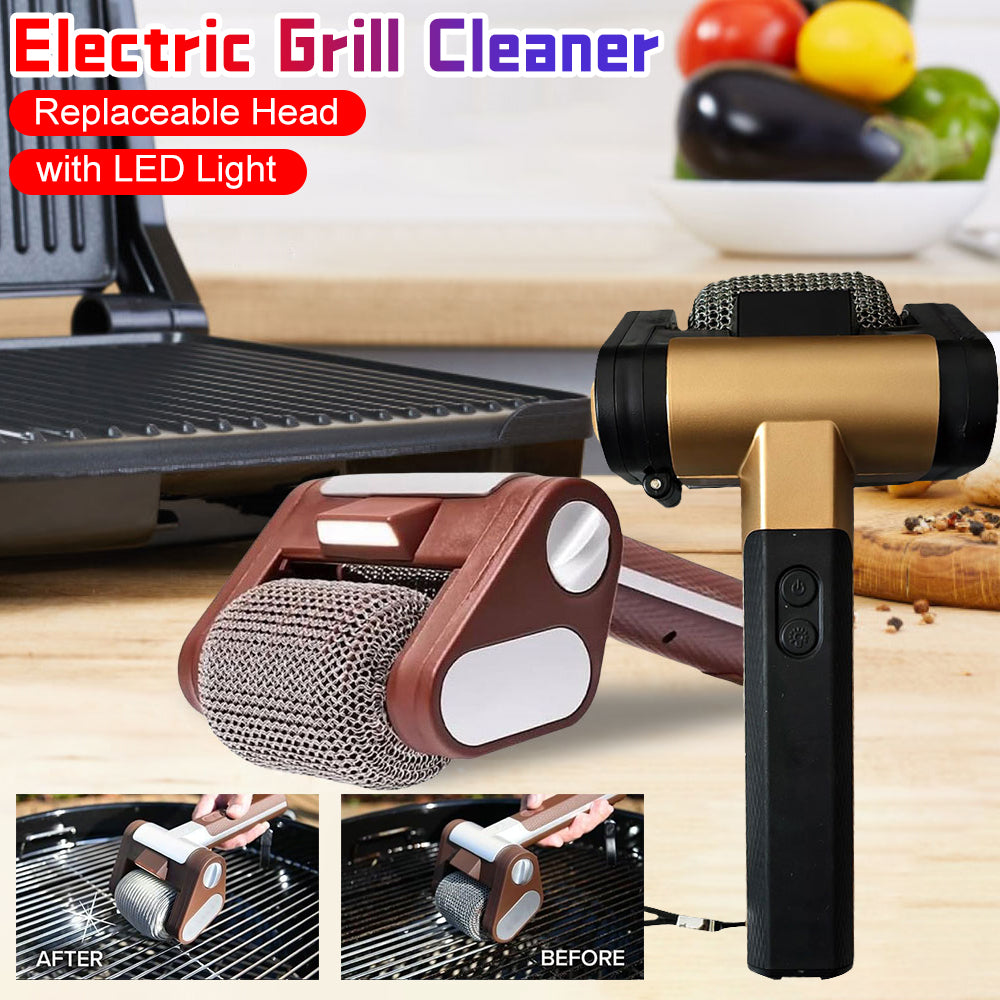 Electric Grill Cleaner - Cordless Rechargeable BBQ Brush with LED Light & Stainless Steel Roller