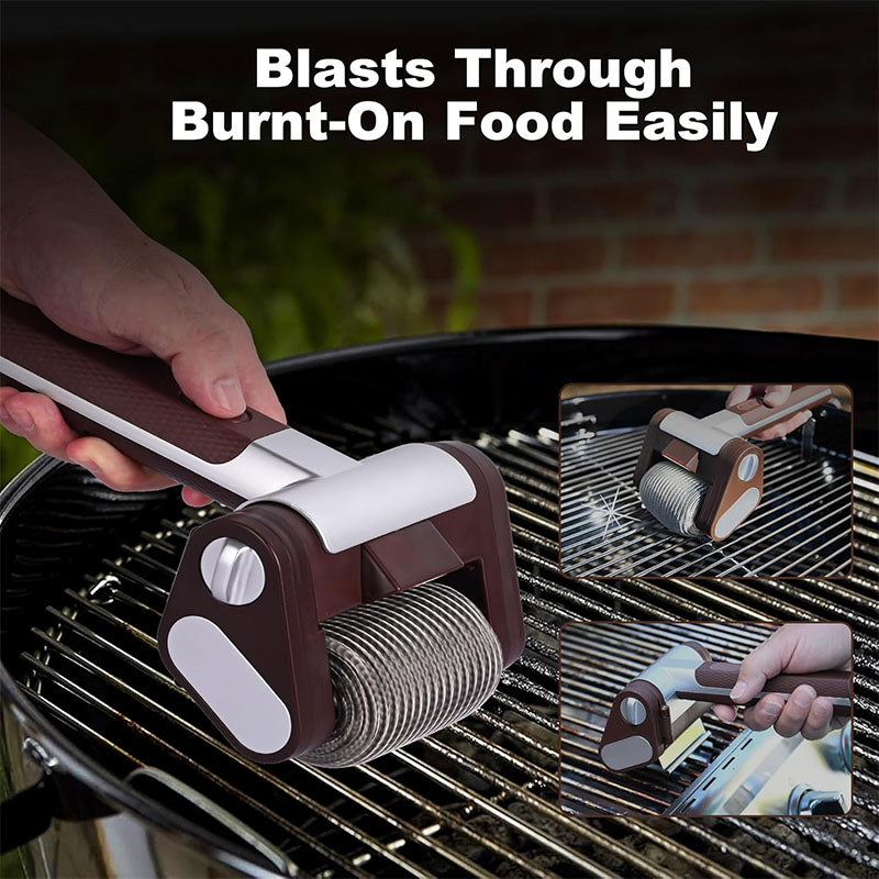 Electric Grill Cleaner - Cordless Rechargeable BBQ Brush with LED Light & Stainless Steel Roller