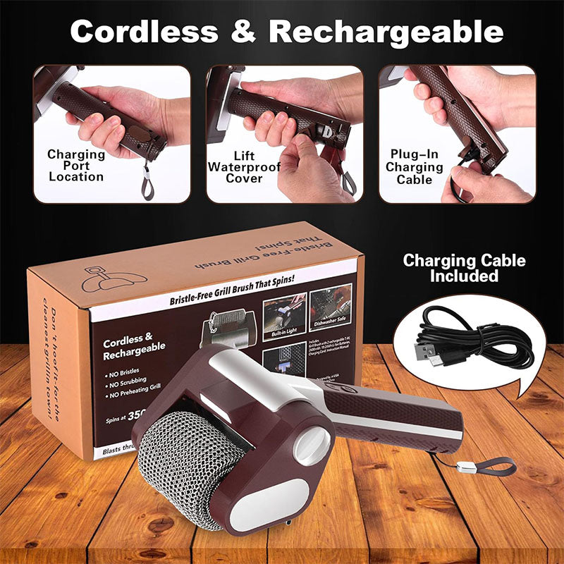 Electric Grill Cleaner - Cordless Rechargeable BBQ Brush with LED Light & Stainless Steel Roller