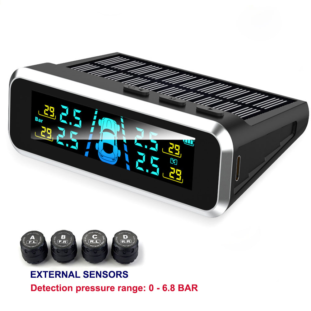 Solar Car Tire Pressure Monitoring System - Wireless TPMS with 4 External Sensors & LCD Display