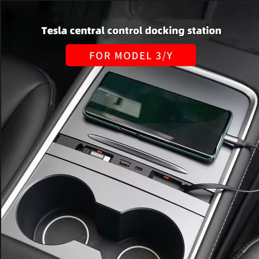 Multi-Port Center Console USB Hub Docking Station with Retractable Cables for Tesla Model 3 & Y (2021-2024)